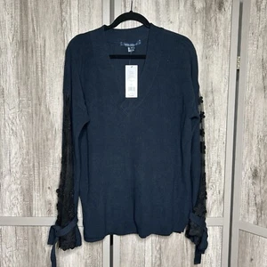 French Connection Womens Sweater Lace Sleeves V Neckline Navy Blue Size M NEW - Picture 1 of 8