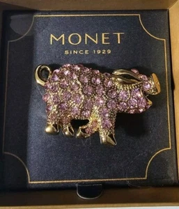 Monet Pink Rhinestone Pig Brooch Pin Gold Tone Sparkle New in Box - Picture 1 of 6