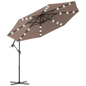 10' Hanging Solar LED Umbrella Patio Sun Shade Outdoor Market W/Base Tan - Picture 1 of 6