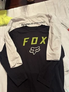 2 Fox Racing Shirt Youth medium Black Short Sleeve Green Logo Long Sleeve Kid - Picture 1 of 3