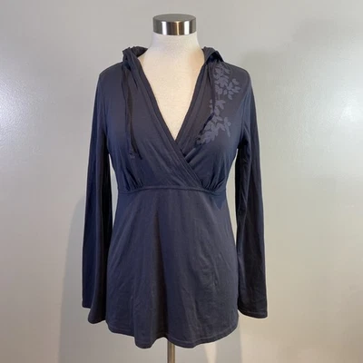 Lucy And Laurel Womens M Top Long Sleeve V Neck Hooded Blue Floral Cotton J80 - Image 1 of 4