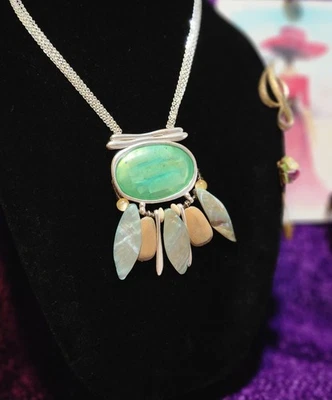 Chico's Oval Resin & AbaloneShell  Leaf Shape, Wood Dangles Silvertone Necklace - Image 1 of 4