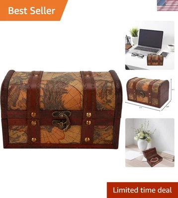 Caja de cofre del tesoro pirata hecha a mano vintage - almacenamiento de recuerdo de madera con cerradura Foto 1 de 4