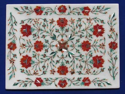 Bandeja de mármol Pietra Dura de 12" x 9" piedra semipreciosa multicolor decoración hecha a mano  Foto 1 de 2