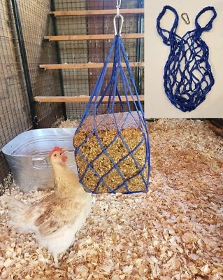 BLUE Chicken Coop Flock Block Bird Seed Hanging Bag Veggie Treat Holder Poultry - Image 1 of 4