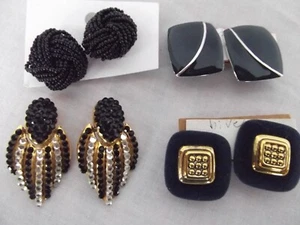 vtg lot 4 pair clip earrings Monet navy blue velvet rhinestone bead chunky large - Picture 1 of 5