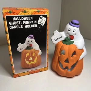 Vintage 1980’s Kmart 7” Ceramic Ghost Jack-O-Lantern Tea Light Holder Halloween - Picture 1 of 5