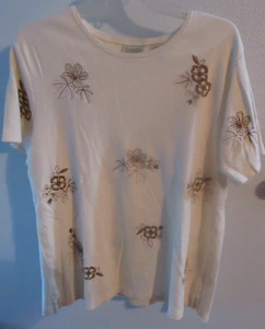 Classic Elements Large T Shirt Top Short Sleeve Beige w Brown Floral Embroidered - Picture 1 of 5