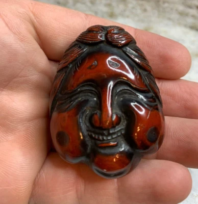 Excelente máscara Netsuke japonesa de madera antigua fina Mennetsuke Otafuku/Okame Foto 1 de 4