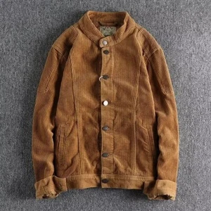 Men's 100% Cotton Corduroy Collarless Cafe Racer Style Amekaji Workwear Jacket - Picture 1 of 16