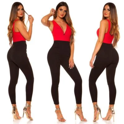 Eleganter Overall Jumpsuit mit breiten Trägern Rot/Schwarz #OV565 - Bild 1 von 4