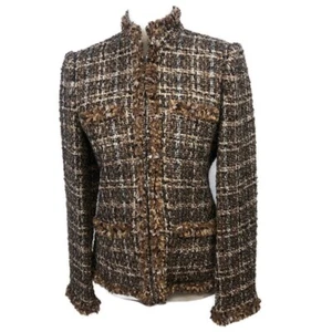 Rafella Brown Multicolor Chunky Tweed Jacket Womens Sz - 8 Hook & Eye Fringe Hem - Picture 1 of 7