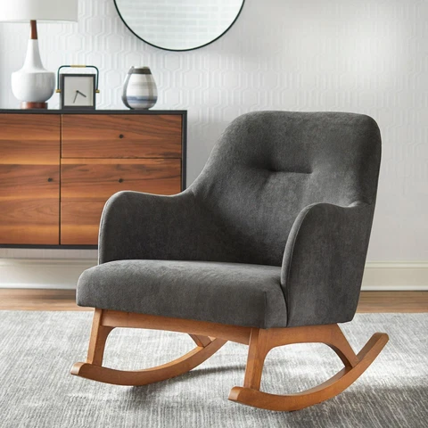 Mid-Century Style Rocking Chair in Dark Grey Upholstered Finish Cover