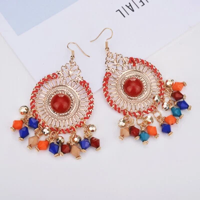 Women Boho Round Big Earrings Indian Jhumka Jewelry Tassels Drop Dangle Earrings - Image 1 of 4