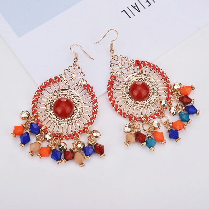 Women Boho Round Big Earrings Indian Jhumka Jewelry Tassels Drop Dangle Earrings - Image 1 of 4