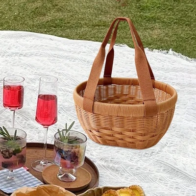 Cestino della spesa in vimini finto per picnic, raccolta di fiori, - Immagine 1 di 4