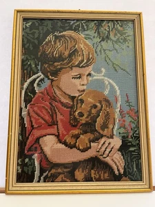 Vintage 12 1/2 x 17 Junge mit Hund Nadelspitze Bild - Bild 1 von 10