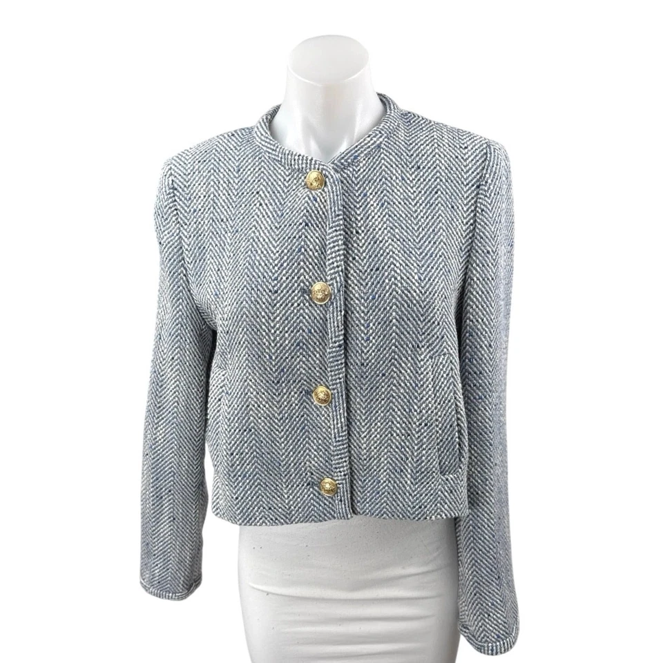 Jaqueta Blazer Zara Feminina Azul Espinha de Arenque Botão Dourado Manga Longa Cropped P - Imagem 1 de 4