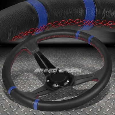BLACK/BLUE PVC LEATHER DEEP-DISH 3-SPOKE 6-BOLT ALUMINUM RACING STEERING WHEEL - Image 1 of 4