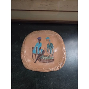 MAM Studio Pottery Plate 10" African Folk Art Scene Blue Glaze Signed Vintage - Picture 1 of 10