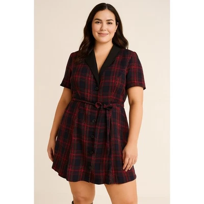 Delias Womens L Plaid Button Front Tie Waist Collar Dress Short Sleeve Grunge - Image 1 of 4