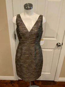 Elie Tahari Brown Bronze Metallic Striped Embroidered V-Neck Dress, Size 8 - Picture 1 of 6