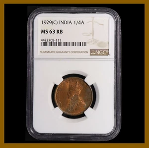 British India 1/4 (Quarter) Anna, 1929 (C) Calcutta NGC MS 63 RB King George V - Picture 1 of 2