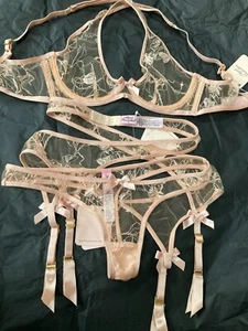 Agent Provocateur CATE peachy nude 32C bra briefs suspender see through SHEER - Picture 1 of 10