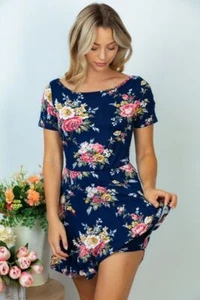 Neu mit Etikett Boutique Designer Skater marineblau Blumenmuster Taschen Strampler kurz Skort Kleid S M LXL - Bild 1 von 7