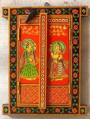 Handcrafted Indian wooden window frame wall hanging king queen painted jharokha - Image 1 of 4