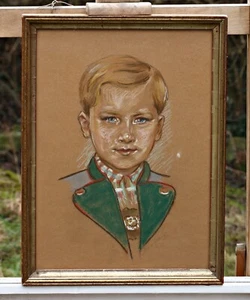 Vintage Pastel Portrait Of Boy In Traditional Costume, Signed, Framed - Picture 1 of 3