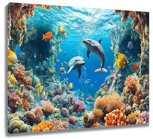 Blue Ocean Yellow Tropical Fish Dolphin Canvas Wall Art for Bathroom Living Room - Picture 1 of 16