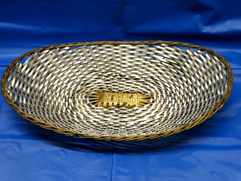 Oval Aluminum w/Brass Accents Bread/ Fruit Basket Woven EUC Cover