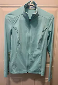 Under Armour Women's Medium Fitted Aqua Blue Full Zip Long Jacket Shirt Pockets - Picture 1 of 13