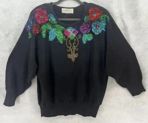 Maggie Lawrence OS Vtg 80s Rainbow Sequin Batwing Oversized Sweater C19 - Picture 1 of 10