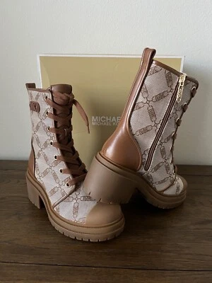 NIB $195 MICHAEL KORS Hanley Natural/Lugg Empire Logo Jacquard Combat Boot 8.5M - Image 1 of 4
