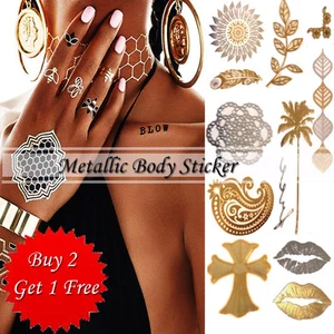 Temporary Flash Tattoo Body Sticker Inspired Gold Silver Metallic - Picture 1 of 42