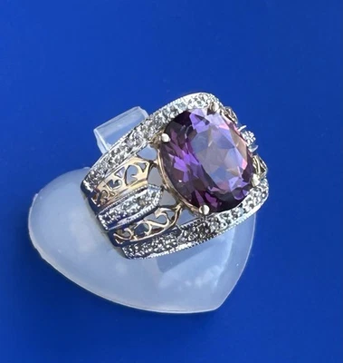 JCR 14K Gold Ring Purple Gemstone 12x10mm & Diamonds 7.0g Size 6.25 Wide Band - Image 1 of 4