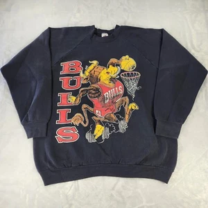 Vintage Chicago Bulls Sweatshirt Mens XL Black Jack Davis Mascot Benny Cartoon - Picture 1 of 8