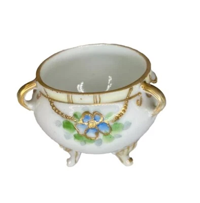 Nippon Hand Painted 3-Footed Bowl Flowers Gold Trim & Beading - Image 1 of 4