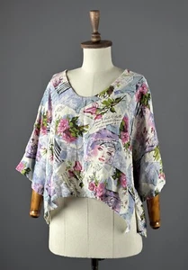 Women SARAH SANTOS Colorful Floral Girl Print Linen Oversize Tunic Top Size L - Picture 1 of 16