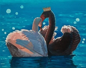 Pareja real cisne blanco y negro, pintura al óleo fantasía original, 16''x20" - Imagen 1 de 7