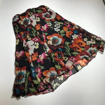 Falda Chico's Floral Hawaiana Negra Seda Midi Verano Vacaciones Pull On Talla 1 Foto 1 de 4