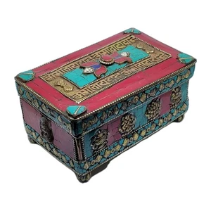 Antique Tibetan Brass Filigree Jewelry Box with Turquoise, Lapis and Coral - Picture 1 of 10