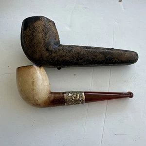 Vintage Meerschaum Pipe Gold Band Absolutely Beautiful Original Push Button Case - Picture 1 of 9