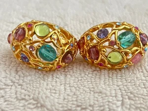 Vintage Joan Rivers Strass Gripoix Glasperlen goldfarben Creolen Clip Ohrringe - Bild 1 von 5
