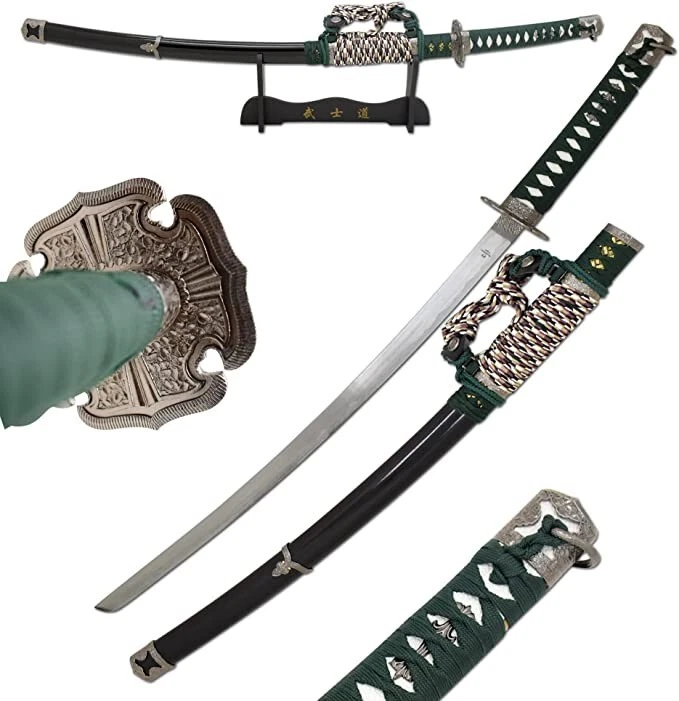 Espada táctica japonesa Katana ninja samurai verde de dos tonos de 40" con soporte Foto 1 de 4