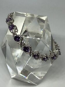 Sterling Silver Purple Lab-Created Round Amethyst  Gemstone Extending Bracelet
