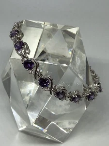 Sterling Silver Purple Lab-Created Round Amethyst Topaz Gemstone Bracelet - Picture 1 of 8