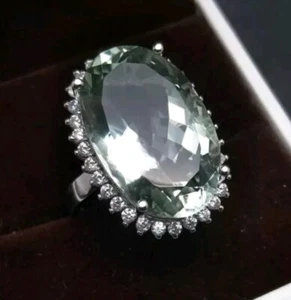 14.28 Carat Sterling Silver Genuine Green Amethyst Prasiolite & CZ Halo Ring Sz8 - Picture 1 of 13